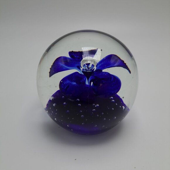 Handblown Cobalt Blue Glass Paperweight With Flower Design - Picture 1 of 7